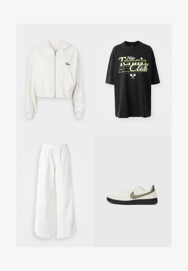 Kratka bela zip-up kapuca s kapuco, izdelana iz teksturirane tkanine. Ima dve sprednji žepi in vezeno logotip na levi strani prsnega koša.; Črna bombažna majica s kratkimi rokavi, z zeleno in belo grafiko "Nike Tennis Club", ilustracijami teniške žogice in reketa.; Bela športna hlače širokega kroja z rebrastim pasom in diskretno logotipno podrobnostjo. Gladek material z sproščenim krojem in zoženim robom.; Nike Sportswear FIELD GENERAL - Športni copati - off-white/black