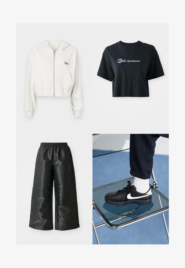 Cropped white zip-up hoodie with a hood, made of textured fabric. Features two front pockets and embroidered logo on the left chest.; Cropped black cotton t-shirt with short sleeves, featuring white text "Vice Sportswear" and a circular graphic on the front.; Black athletic pants with a shiny, smooth fabric, featuring an elastic waistband, wide legs, and a small logo on the left side.; Black Nike sneakers with white accents, featuring a smooth leather texture, lace-up design, and rounded toe, positioned on a glass chair.