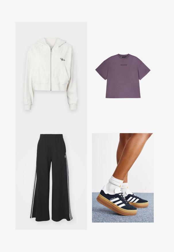 Kuttet hvit zippered hettegenser med hette, laget av teksturert stoff. Har to frontlommer og brodert logo på venstre bryst.; Kortermet, oversized lilla T-skjorte laget av bomull, med rund hals og teksten "PEGADOR" trykt i svart over brystet.; Svart vide joggebukser med elastisk midjebånd, med hvite sidestriper og brodert logo på venstre lår.; Svarte sneakers i semsket skinn med hvite striper og detaljer, rund tå, yttersåle i gummigummi, kombinert med hvite ribbestrikkede crew-sokker.
