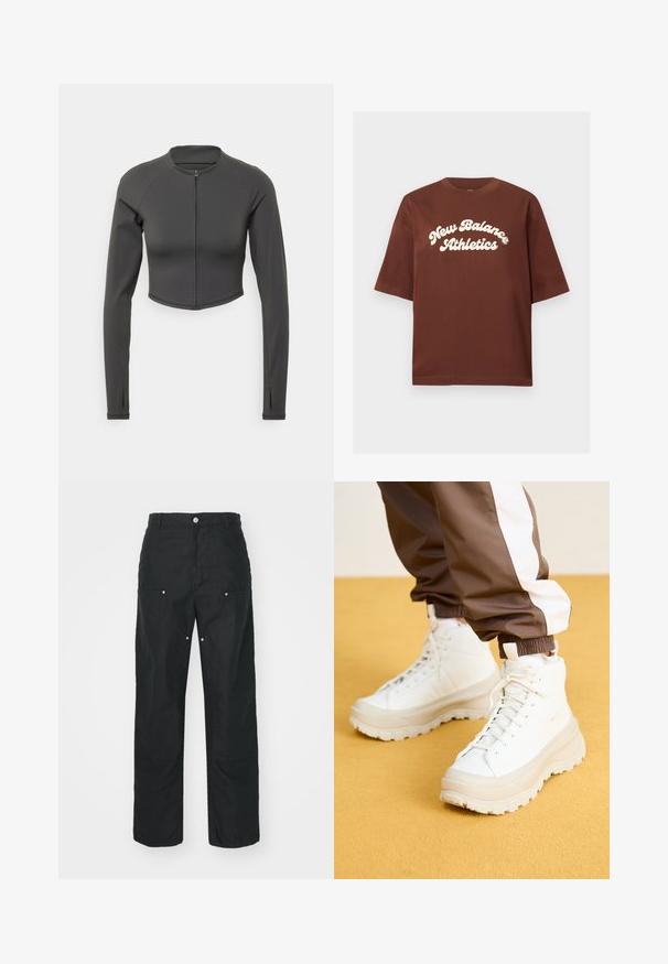 Sort cropped jakke lavet af glat, strækbart stof. Har lange ærmer, høj hals og en lynlåslukning foran.; Brun bomulds t-shirt med en afslappet pasform, der har hvid tekst, som siger "New Balance Athletics" i en buet, fed skrifttype.; Sorte bukser med lige ben-design, lavet af et tekstureret stof. Har dekorativt sølvhardware og unikke sømdetaljer.; Hvide højtop sneakers med en kraftig, tekstureret sål, der har en glat overdel, rund tå og tonede snørebånd, placeret mod en gul baggrund.