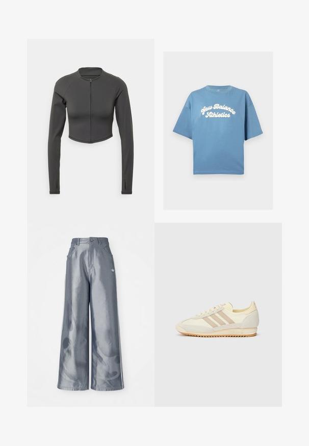 Melnās piedurknēm apgriezta jaka, izgatavota no gludas, elastīgas auduma. Tai ir garas piedurknes, augsta apkakle un priekšējais rāvējslēdzējs.; Zila kokvilnas T-krekls ar brīvu piegriezumu, ar īsām piedurknēm un apaļu kakla izgriezumu. Centrāli drukāts balts "New Balance Athletics" logo.; Platas kājas bikses no spīdīga pelēka materiāla, ar baltām sānu svītrām un liesmu rakstu apakšējā kāju daļā. Pogas un rāvējslēdzēja aizdare jostasvietā.; Krēma krāsas sporta apavi ar trim beiga joslām, izgatavoti no zamša un tekstila materiāliem, ar fakturētu zoli un iegravētu zīmolu uz papēža.