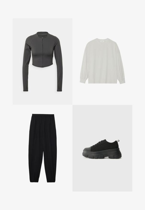 Sort cropped jakke lavet af glat, strækbart stof. Har lange ærmer, høj hals og en lynlåslukning foran.; Lys grå langærmet t-shirt lavet af blød bomuld. Har en løs pasform, rund halsudskæring og let indsamlede manchetter. Ingen mønstre eller grafikker.; Sort, lette bukser med elastisk talje og sammenfoldede ankler. Stoffet er glat og har et afslappet, indsnævret design.; Sorte sneakers med en kraftig gummisål, tekstureret stofoverdel, rund tå og snørredesign. Har forstærkede snørrehuller og en trækkrog bagpå.