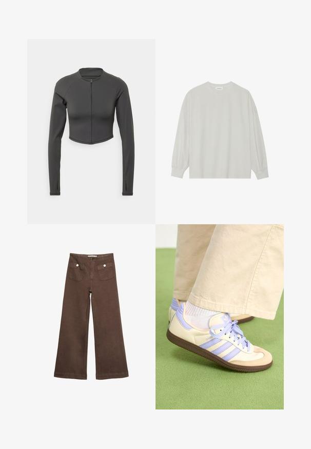 Sort cropped jakke lavet af glat, strækbart stof. Har lange ærmer, høj hals og en lynlåslukning foran.; Lys grå langærmet t-shirt lavet af blød bomuld. Har en løs pasform, rund halsudskæring og let indsamlede manchetter. Ingen mønstre eller grafikker.; Brune bredbenede bukser lavet af bomuld, med to forlommer med sølvknapper og en glat tekstur.; Creme og lavendel sneakers med tre striber og en tekstureret brun sål, der har snørebånd og en polstret hæl. Blødt stof øvre.