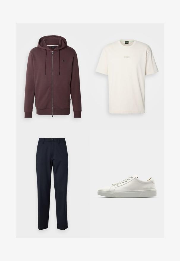 BOSS SPENCE czerwony; BOSS - T-shirt basic; Granatowe spodnie wykonane z gładkiego materiału, z przodem zapinanym na guzik, prostym kroju i kieszeniami bocznymi. Brak widocznych wzorów i zdobień.; Białe skórzane sneakersy z zaokrąglonym noskiem, minimalistycznym designem, szarymi sznurowadłami i teksturowaną szaro-rubberową podeszwą. Widoczne subtelne detale szycia.