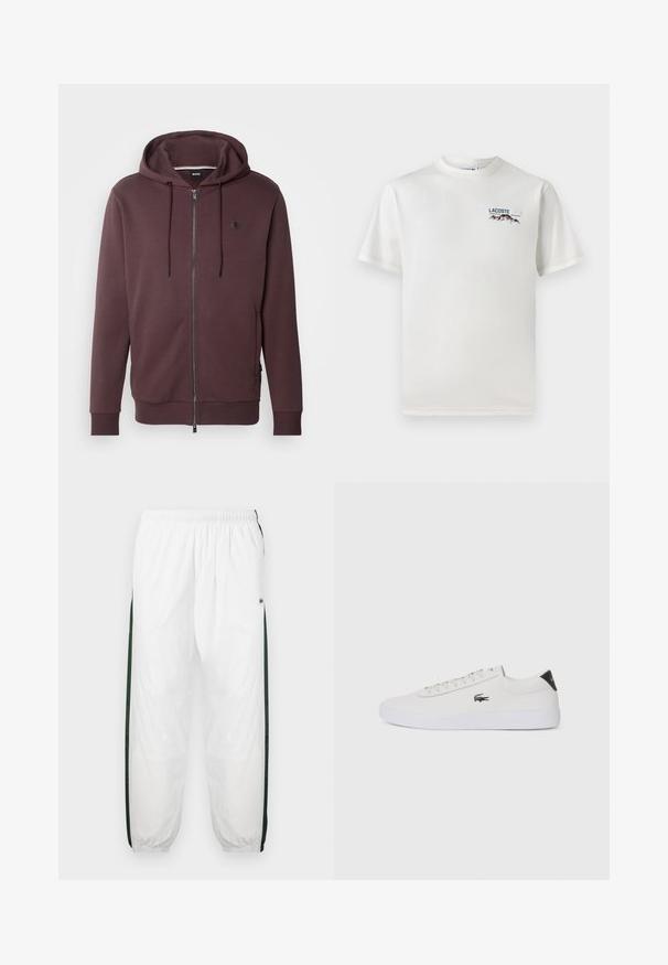 BOSS SPENCE - Mikina na zip - open red; Bílá bavlněná tričko s kulatým výstřihem, krátkými rukávy a malým vyšitým logem zobrazujícím hory a text na levé straně hrudi.; Bílé tepláky s tmavě zelenými postranními panely. Lehký materiál, elastický pas a stahované lemy. Obsahují síťovanou texturu na postranních panelech.; Bílé kožené tenisky s kulatou špičkou, šněrováním vpředu a černým akcentem na patě. Na boku se nachází malé vyšívané logo krokodýla.