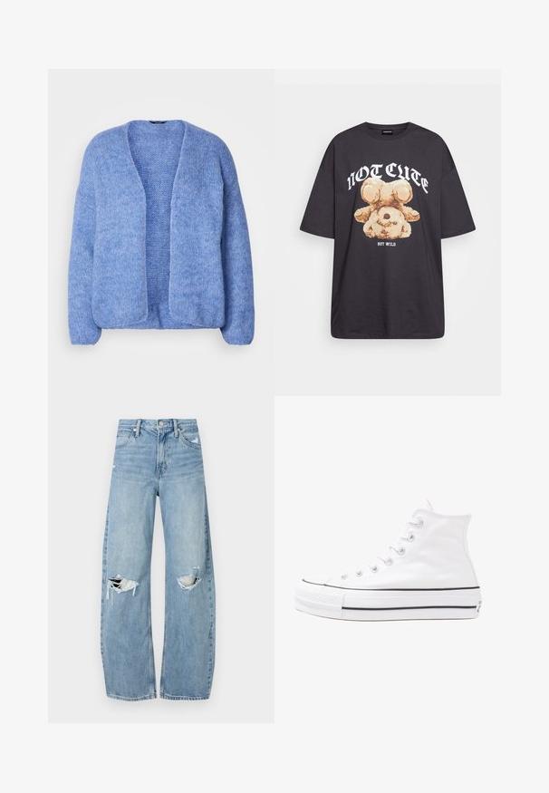 Lindex VANESSA - Cardigan - blue; T-shirt nera oversize con una grafica di un orso e la scritta "NON CARINA MA SELVAGGIA" in grassetto, lettere bianche. Materiale in cotone.; Jeans azzurri chiari a vita alta realizzati in denim. Presentano gambe larghe, due aree strappate sulle ginocchia e il classico styling a cinque tasche.; Sneaker alta in tela bianca con suola in gomma nera, punta in gomma frontale e sei asole per i lacci, caratterizzata da un design pulito e minimalista.