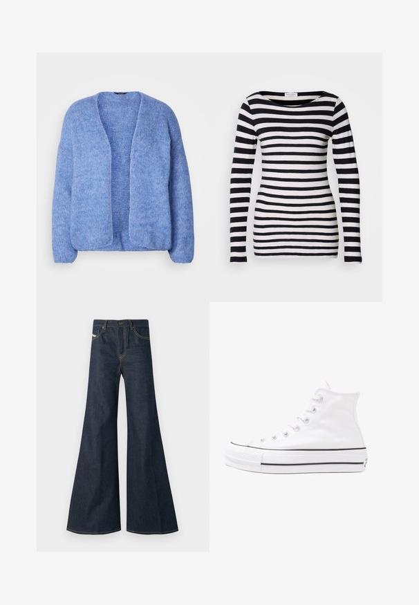Lindex VANESSA - Casaco de malha - blue; Camisa de manga longa às riscas em preto e branco com um decote largo. Feita de tecido suave, com riscas horizontais uniformes.; Jeans de lavagem azul-escura, com corte flare, feitos de denim, apresentando uma cintura alta, detalhes em costura dourada e dois bolsos frontais com fecho de botão.; Sapatilha alta de tela branca com sola de borracha preta, bico de borracha na frente e seis ilhós para os atacadores, apresentando um design limpo e minimalista.