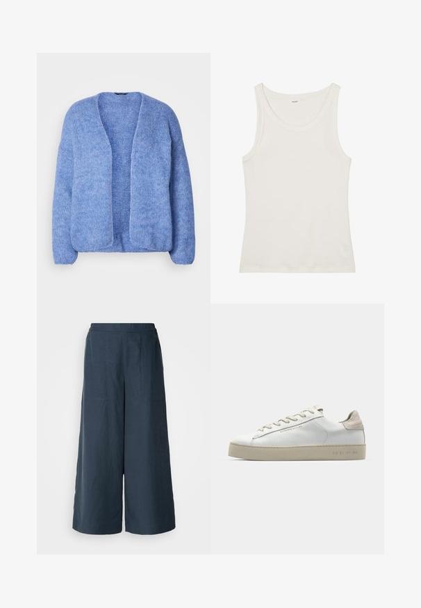 Lindex VANESSA - Kardigan - blue; Bílý bavlněný top bez rukávů s širokým výstřihem a tenkými ramínky. Hladká textura bez viditelných vzorů nebo ozdob.; Široké kalhoty v námořnické modři, vyrobené z lehké tkaniny. Mají mírně texturovaný povrch, elastický pas a přední švy.; Bílé kožené tenisky s hladkým povrchem, béžovými semišovými akcenty, kulatou špičkou, plochým šněrováním a texturovanou gumovou podrážkou.