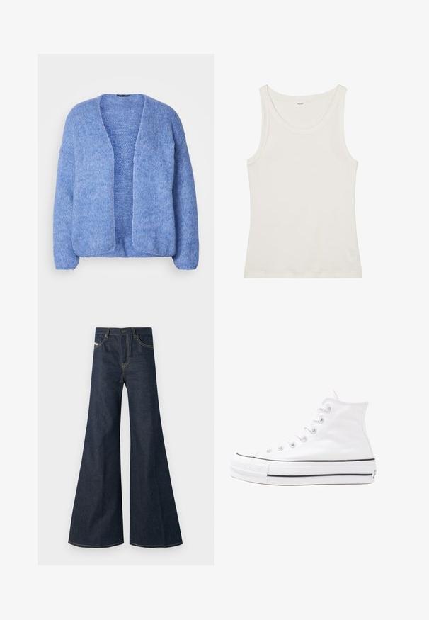 Lindex VANESSA - Cardigan - blue; White cotton tank top with a wide neckline and thin shoulder straps. Smooth texture with no visible patterns or embellishments.; Dark blue flared jeans made of denim, featuring a high waist, gold stitching accents, and two front pockets with a button closure.; White high-top canvas sneaker with black rubber sole, front rubber toe cap, and six eyelets for laces, featuring a clean, minimalist design.