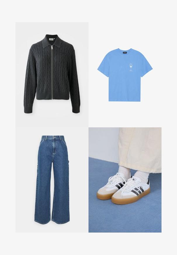 Sötét szürke cipzáros pulóver, gabalyos kötésmintával, galléros kivitelben, bordázott mandzsetta- és alsó szegéllyel. Ezüst cipzáras záródással rendelkezik.; Világoskék pamut póló, lekerekített nyakkal. Az elülső bal mellrészen egy fehér pálmafát és szöveget ábrázoló grafikával rendelkezik. Rövid ujjak.; Széles szárú, kék farmernadrág magas derékkal, kontrasztos varrással és oldalsó zsebekkel, klasszikus öt zsebes kialakítással és nyers szegéllyel.; Fehér sportcipő fekete csíkokkal és bézs velúr részletekkel. Texturált gumi talppal és lapos fehér fűzőkkel rendelkezik, világos színű zoknival viselve.