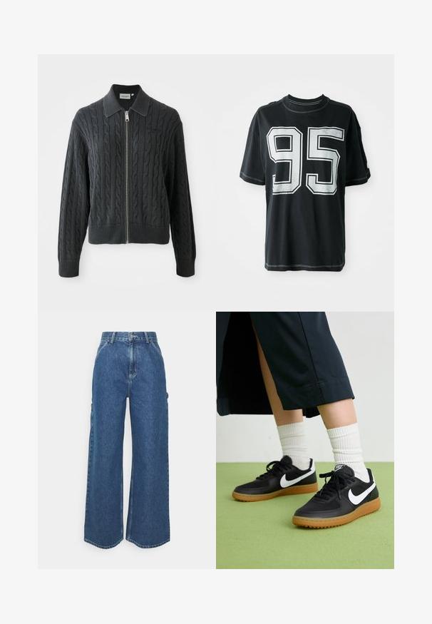 Pullover cinza escuro com fecho de zip, padrão de malha trançada, design com gola e punhos e bainha canelados. Apresenta um fecho de zipper prateado.; T-shirt de algodão preto com mangas curtas, apresentando o número "95" impresso em branco na parte da frente e costura contrastante ao longo das bordas.; Calças de ganga azuis de perna larga com cintura alta, costuras em contraste e bolsos laterais, apresentando um design clássico de cinco bolsos e bainhas desfiadas.; Sapatilhas pretas em couro e sintético com o logo da Nike em branco, sola de borracha tipo goma, bico redondo e atacadores pretos. Meias brancas com frunces visíveis.