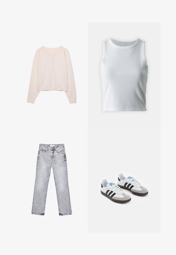 Lichtroze cardigan van zachte stof, met een ronde halslijn, lange mouwen en een knoopsluiting met bijpassende knopen.; Witte geribde tanktop met een ronde halslijn en mouwloos ontwerp, voorzien van een rechte zoom en een gladde, rekbare textuur.; Grijze denim jeans met een rechte pijp, versleten details, vijf zakken en koperen klinknagels. De tailleband is voorzien van een logo-label.; Sportschoenen met een witte leren bovenkant, grijze suède neus en drie zwarte strepen. Bevat een blauw logo op de tong en een gestructureerde rubberen zool.