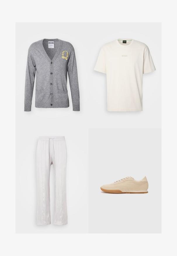Pelēks kardigans, kas izgatavots no mīksta adīta auduma, ar V-veida kakla izgriezumu, garām piedurknēm, zeltīšu izšūtu emblemu, pogu aizdari un priekšējām kabatām.; BOSS TEE - Pamata T-krekls - open white; Gaiši pelēkas, brīva piegriezuma bikses gludā audumā ar elastīgu jostasvietu un auklu. Taisnas kājas ar smalkām krokām, bez redzamām rakstām.; Bežā zamša kedas ar plūstošu dizainu, kurām ir strukturēta virsma, noapaļota purngalu un gumijas zole ar zigzaga rakstu.