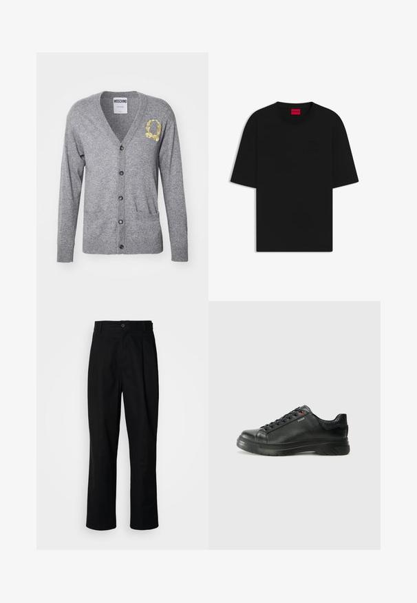 Grå cardigan i mjukt stickat tyg, med V-ringning, långa ärmar, guld broderad emblem, knappstängning och framfickor.; Svart kortärmad t-shirt i bomull, med en rund halsringning och upphöjd logotyp på framsidan, samt en avslappnad och lös passform.; Svarta rakbenade byxor med knäppning i midjan, bälteshällor och framfåll, uppvisade mot en enkel vit bakgrund.; Svart lädersneaker med texturerad ovandel, vadderat krage och röd logotypdetalj. Utrustad med en tjock gummisula med distinkt mönster.