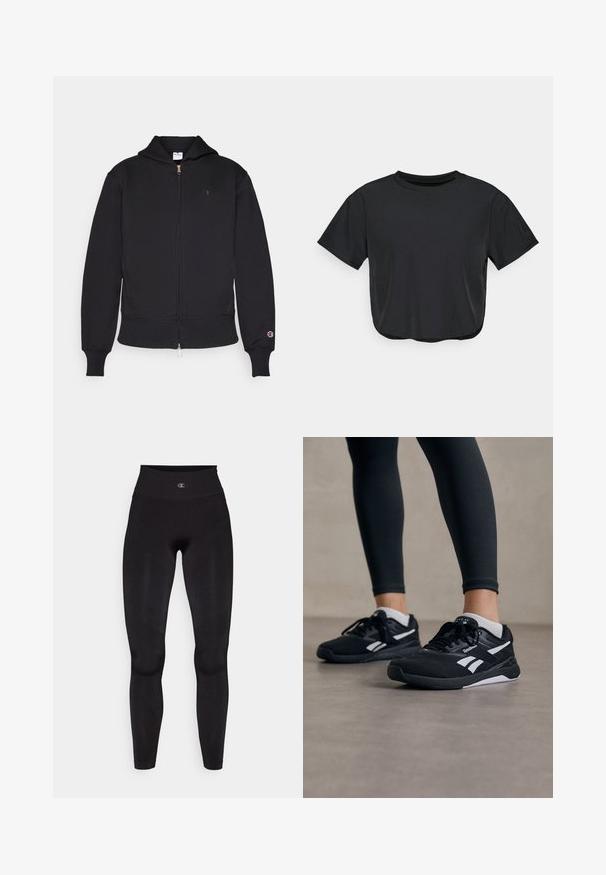 Crna zip-up dukserica izrađena od mješavine pamuka. Ima prednji zatvarač, kengurske džepove, rebraste manžete i izvezeni logotip na lijevoj strani prsiju.; Crni skraćeni majicu od mekog materijala, s okruglim izrezom, kratkim rukavima i opuštenim krojem. Suptilni detalji šivanja.; Champion SEAMLESS LEGGINGS SHOCK ABSORBER - Tajice - black; Crne sportske cipele s teksturiranim mrežastim gornjim dijelom, bijelim detaljima i mekanim potplatom. Noste s crnim tajicama, ističući elegantan dizajn.
