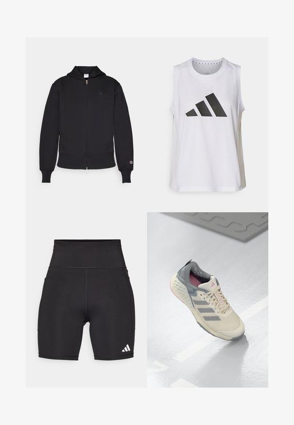 Hanorac negru cu fermoar, fabricat dintr-un amestec de bumbac. Dispune de un fermoar frontal, buzunare tip kangaroo, manșete ribbate și un logo brodat pe pieptul stâng.; Top athletic alb fără mâneci, cu decolteu rotund, având un mare logo Adidas negru, format din trei benzi, pe față.; Pantaloni scurți atletici negri, confecționați dintr-un material elastic. Talie înaltă, lungime până la mijlocul coapselor, cu un logo alb cu trei dungi în colțul din stânga jos.; Încălțăminte sport bej cu accente gri, partea superioară din plasă și o talpă texturată. Prezintă trei dungi gri și detalii interioare roz.