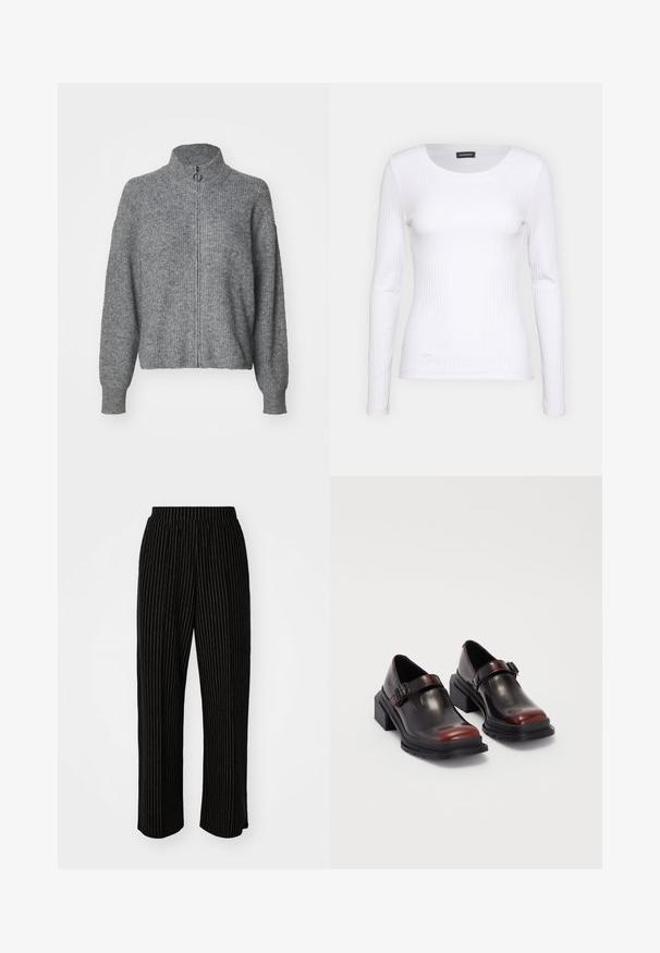 Pull en tricot gris avec un col haut, fermeture éclair intégrale à l'avant, manches longues et une finition texturée. Design simple sans motifs ni embellissements.; T-shirt à manches longues blanc côtelé avec un col rond. Fabriqué en un tissu extensible qui épouse le corps. Présente de fines lignes horizontales.; Pantalons larges noirs avec des rayures verticales blanches, dotés d'une taille élastique pour le confort et d'une texture lisse et douce.; Chaussures à talons carrés en cuir avec une finition bordeaux foncé brillante, dotées d'une sangle avec boucle et d'un design à bout arrondi. Semelle texturée pour une meilleure adhérence.