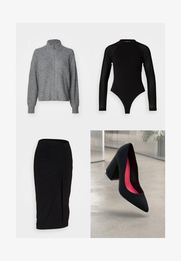 Gray knit sweater with a high collar, full front zipper, long sleeves, and a textured finish. Simple design with no patterns or embellishments.; Black long-sleeve bodysuit with a high neck, featuring solid fabric on the torso and sheer mesh sleeves, designed in a fitted shape.; Black, ruched pencil skirt with tie detail and a side slit. Made from a stretchy fabric, featuring a smooth texture and form-fitting design.; Black high heel shoe with a pointed toe, textured surface, and a vibrant pink interior. Features a chunky heel with silver accent.