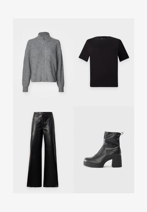 Grauer Strickpullover mit hohem Kragen, durchgehendem Reißverschluss, langen Ärmeln und einer strukturierten Oberfläche. Einfaches Design ohne Muster oder Verzierungen.; Schwarzes T-Shirt mit kurzen Ärmeln und Rundhalsausschnitt, aus weichem Baumwollmaterial gefertigt. Schlichtes Design, keine sichtbaren Logos oder Muster.; Schwarze leichte, weit geschnittene, hochtaillierte Kunstlederhose mit vorderem Knopf, Reißverschluss, Gürtelschlaufen und Seitentaschen auf weißem Hintergrund.; Schwarze Stiefeletten aus glattem Leder mit seitlichem Reißverschluss, klobigem strukturiertem Absatz und runder Zehenform.
