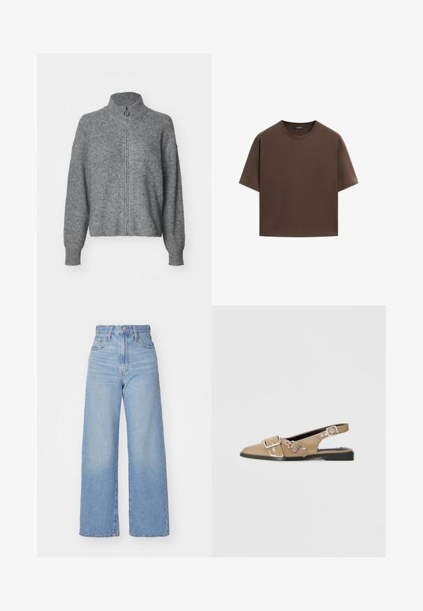 Pull en tricot gris avec un col haut, fermeture éclair intégrale à l'avant, manches longues et une finition texturée. Design simple sans motifs ni embellissements.; T-shirt en coton marron, à manches courtes, col rond, coupe décontractée, texture lisse, design minimaliste, sans motifs ni accents visibles.; Jean large taille haute bleu clair avec bouton et fermeture éclair à l'avant, poches avant et arrière, sur fond blanc.; Chaussures slingback en vernis beige avec un bout pointu, deux boucles ajustables et un petit talon noir. Texture lisse avec une finition brillante.