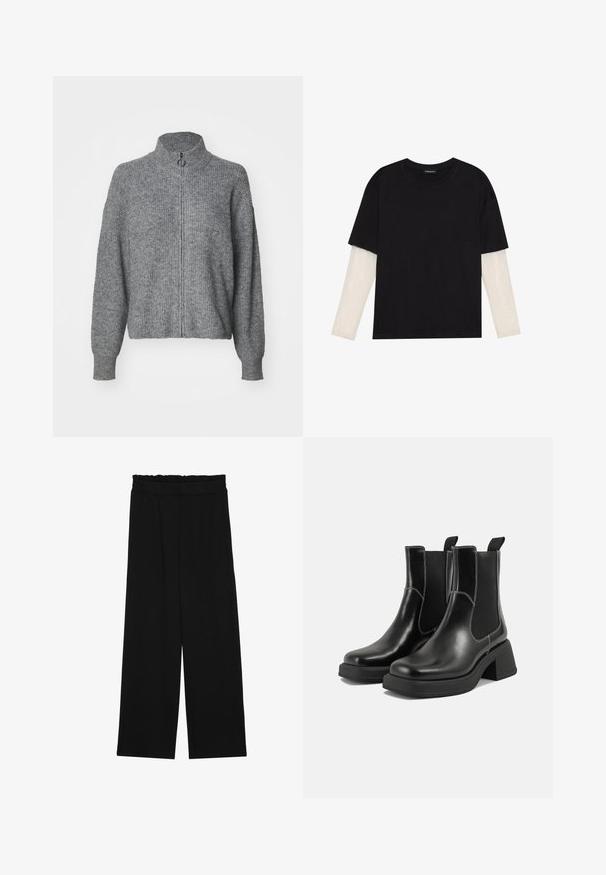Šedý pletený svetr s vysokým límcem, plným zipem vpředu, dlouhými rukávy a texturovaným povrchem. Jednoduchý design bez vzorů nebo ozdob.; Černé tričko z bavlny s krátkým rukávem, pod kterým je bílá podvlékací halenka s dlouhým rukávem a jemným texturovaným vzorem. Design s kulatým výstřihem.; Černé široké nohavice s volánkovým pasem, které mají dvě boční kapsy a hladkou, lehkou tkaninu. Žádné viditelné vzory ani kovové prvky.; Černé kožené chelsea boty s masivním podpatkem, elastickými bočními panely a kontrastním bílým prošitím. Texturovaný povrch.