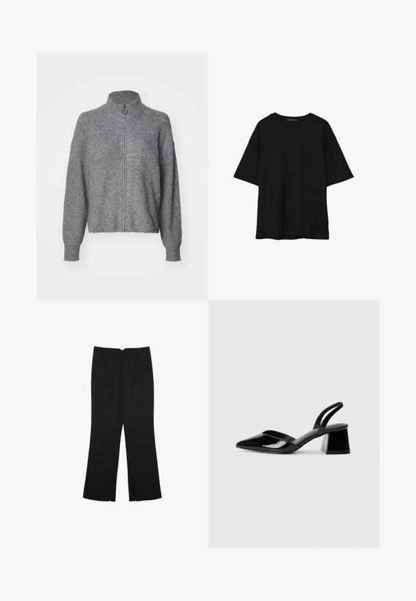 Maglione grigio a maglia con colletto alto, zip frontale completa, maniche lunghe e finitura testurizzata. Design semplice senza motivi o decorazioni.; T-shirt in cotone nero con vestibilità rilassata, maniche corte, scollatura arrotondata e una texture liscia. Nessuna trama o accento visibile.; Pantaloni neri a gamba dritta, con tasche frontali e spacchi laterali all'orlo. Realizzati in tessuto morbido e liscio. Adatti a diverse occasioni.; Décolleté in vernice nera con punta affusolata e tacco in geometria cubica. Presentano un design elegante e minimalista, con una texture liscia.
