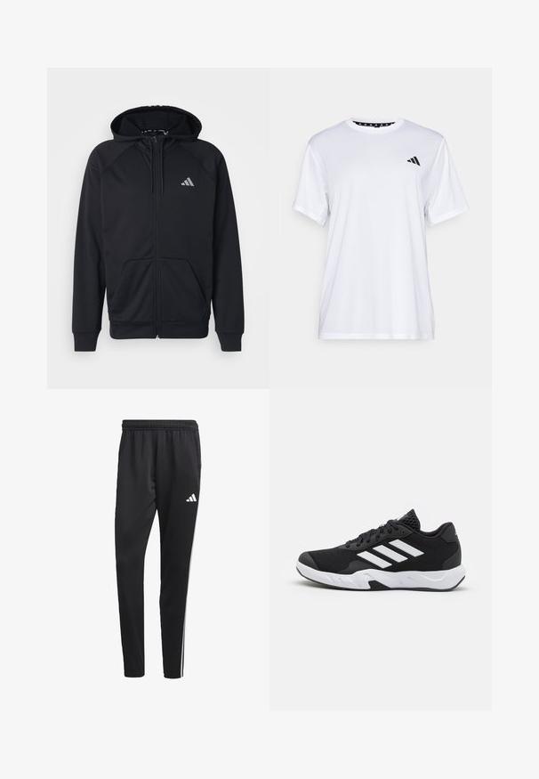 adidas Performance GAME & GO BIG LOGO 3 STRIPES FULL ZIP - Felpa con zip - black; Maglietta sportiva bianca a maniche corte, realizzata in tessuto traspirante. Presenta un logo nero sul lato sinistro del petto e un collo interno a fantasia.; Pantaloni sportivi neri con una cintura elastica, strisce laterali bianche e un piccolo logo bianco sulla coscia. Realizzati in un materiale liscio e leggero.; Scarpe da ginnastica nere con una tomaia in mesh texturizzata, strisce bianche di accento, suola imbottita e tallone rinforzato per supporto.