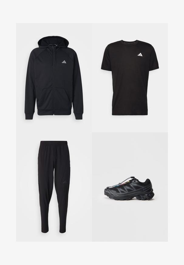 adidas Performance GAME & GO BIG LOGO 3 STRIPES FULL ZIP - Felpa con zip - black; T-shirt in cotone nero con maniche corte, scollo rotondo e logo bianco sul lato sinistro del petto. Texture liscia e design semplice.; Pantaloni sportivi neri con vita elastica, design affusolato, tasche laterali e dettagli logo discreti. Realizzati in tessuto flessibile e traspirante.; Scarpa sportiva nera con tomaia in mesh testurizzato, punta rinforzata e sistema di allacciatura rapida. Presenta una suola robusta e una leggera elevazione del tacco.