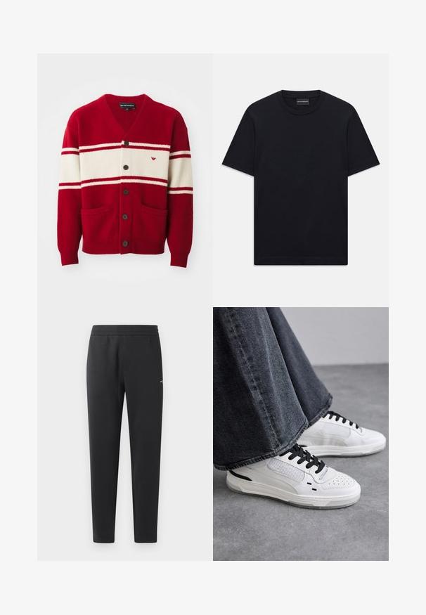 Röd kofta med vita horisontella ränder, svarta knappar fram, två framfickor och en liten logotyp på bröstet.; Svart kortärmad T-shirt med rund halsringning och subtilt upphöjd logodesign centrerad på bröstet samt en märkeslapp inuti kragen.; Svarta joggingbyxor i mjukt tyg, med elastisk midja, raka ben och en liten logotypdetalj på sidan.; Vita sneakers med svarta snören och nätdetaljer. Har en slät läderöverdel och en texturerad gummisula. Parat med vida grå jeans.