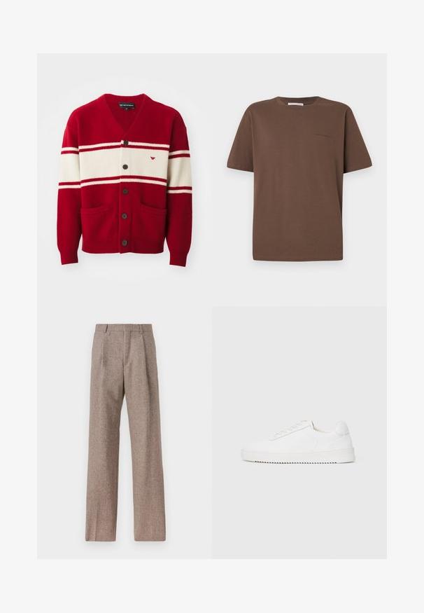 Rdeča jopica s belimi vodoravnimi črtami, črnimi gumbi spredaj, dvema sprednjima žepoma in majhno logotipom na prsih.; Rjava bombažna majica s krožnim izrezom, kratkimi rokavi in majhnim logotipom, natisnjenim spredaj. Ravna tekstura tkanine, sproščen kroj.; Rjave hlače z visokim pasom, izdelane iz teksturirane tkanine. Imajo široke noge in dve sprednji pregibi za strukturo. Urejen zaključek brez vidne strojne opreme.; Bela teniska z gladkim usnjenim zgornjim delom, okroglim nosom, vezalkami, teksturiranimi stranskimi poudarki in debelim gumijastim podplatom. Minimalističen dizajn.