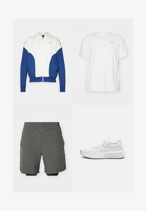 Sweatshirt com capuz e fecho de correr, feito de uma mistura de algodão, com painéis brancos e azuis, punhos canelados e um logótipo laranja no peito.; Camisola atlética de mangas curtas brancas, feita de um tecido suave. Apresenta um decote redondo e um logótipo cinza no lado esquerdo do peito, com aberturas laterais na barra.; Calças curtas atléticas cinzentas com um tecido leve e suave, cintura elástica, com calções de compressão interiores e bolsos laterais.; Sapatilha desportiva branca com um upper em malha texturizada, fecho com atacadores, sola almofadada e um detalhe de marcação distintiva na lateral.