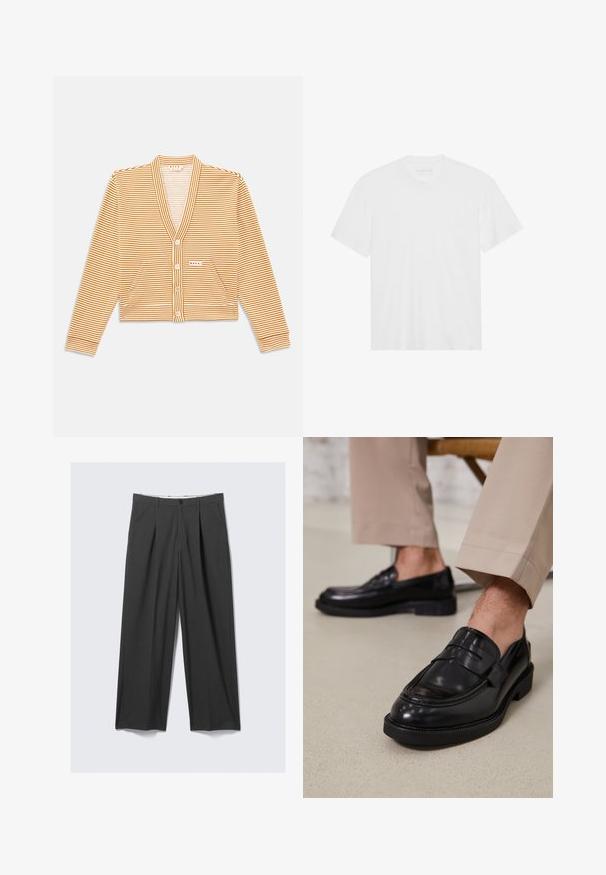 Rövidített kardigán narancssárga és fehér csíkokkal, hosszú ujjakkal, V-nyakkal, gombos előlappal és két elülső zsebből áll.; Fehér pamut póló rövid ujjakkal, kerek nyakkivágással és egyenes aljjal. Sima textúra, minimalista dizájn minta vagy díszítés nélkül.; Szürke, széles lábú nadrág, plissékkel. Simaságot biztosító anyagból készült, elöl gombos záródással és övhurkokkal rendelkezik. Lapított elülső dizájn.; Fekete bőr loaferek sima felülettel, díszítő pánttal és kontrasztos varrással, bézs nadrággal párosítva.
