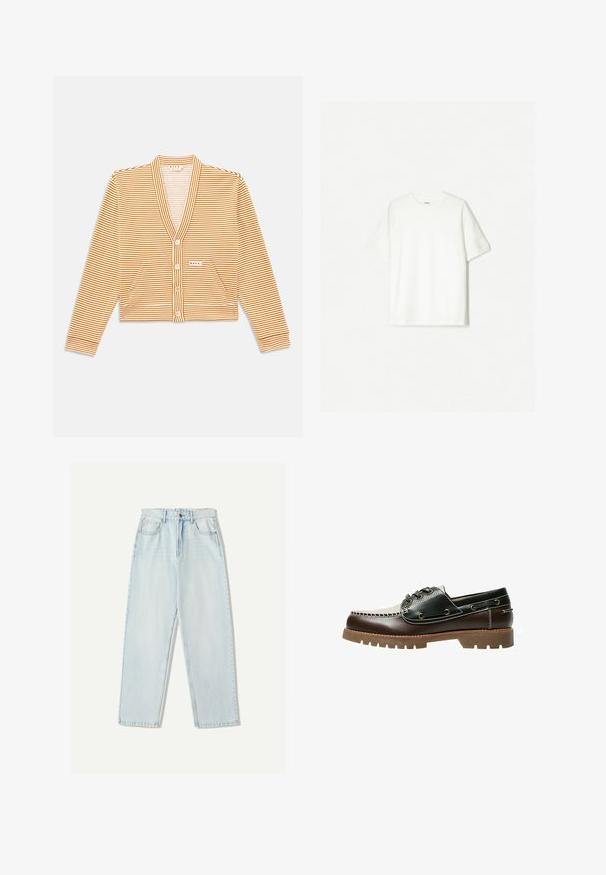 Rövidített kardigán narancssárga és fehér csíkokkal, hosszú ujjakkal, V-nyakkal, gombos előlappal és két elülső zsebből áll.; Fehér, rövid ujjú póló, puha pamutból készült. Környakú dizájn, laza szabással, látható logók vagy minták nélkül.; Világoskék farmernadrág, laza szabással, egyenes szárú kialakítással, öt zsebes stílussal és finom elhalványulással az anyagon.; Barna és fekete bőrből készült hajócipő fűzővel, kontrasztos varrással és texturált gumitalppal. Fém szemen található, lekerekített orr-résszel.