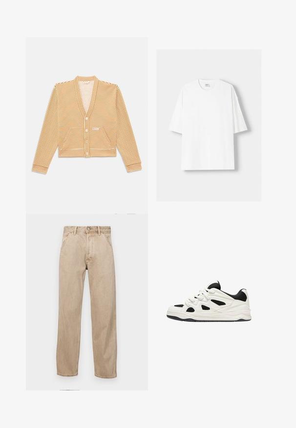 Zkrátený kardigan s oranžovými a bielymi pruhmi, s dlhými rukávmi, V-výstrihom, predným zapínaním na gombíky a dvoma prednými vreckami.; Biela tričko s krátkym rukávom vyrobené z bavlny, s okrúhlym výstrihom a voľným strihom. Hladká textúra, bez viditeľných vzorov alebo akcentov.; Bežové denimové rifle so strihom rovného nohu, s prednými vreckami, kovovým zapínaním na gombík a jemnou textúrou.; Biele a čierne športové topánky s textúrovanou podrážkou, s vyrezávanými dizajnmi na stranách a šnúrkami, a s polstrovaným zadným dielom pre podporu.