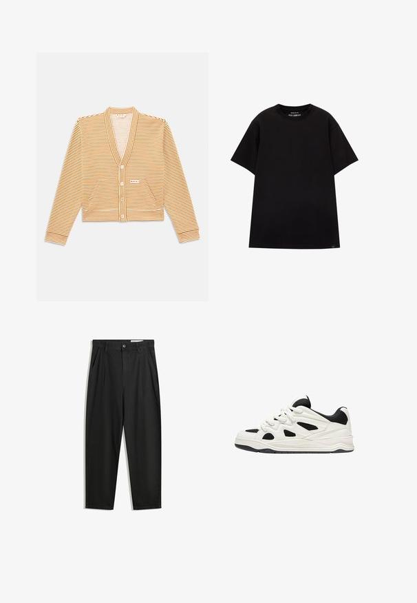 Zkrátený kardigan s oranžovými a bielymi pruhmi, s dlhými rukávmi, V-výstrihom, predným zapínaním na gombíky a dvoma prednými vreckami.; PULL&BEAR JOIN LIFE - Základné tričko - black; Čierne bavlnené nohavice s voľným strihom, s klasickým pásom, prednými záhybmi a bočnými vreckami. Hladká textúra bez vzorov.; Biele a čierne športové topánky s textúrovanou podrážkou, s vyrezávanými dizajnmi na stranách a šnúrkami, a s polstrovaným zadným dielom pre podporu.