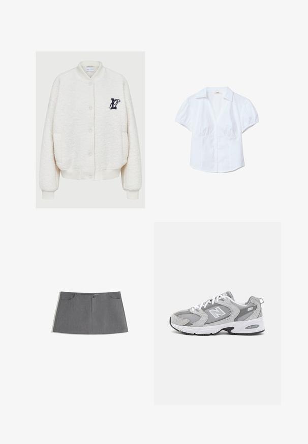 Biały bomber z polaru, z okrągłym dekoltem, z przodu na guziki, z dwiema bocznymi kieszeniami i granatowym haftowanym logo na piersi.; Biała koszula z krótkim rękawem, z usztywnionym kołnierzykiem, bufkami oraz zapięciem na guziki z przodu. Posiada zgromadzony materiał w okolicy biustu.; Szara spódnica o prostym kroju, z dwiema przednimi kieszeniami, z zapinaniem na guziki z przodu oraz delikatnym wzorem tekstury.; Szare buty sportowe z siateczkową i zamszową cholewą, białymi sznurówkami i czarną podeszwą. Posiadają wyraźne logo "N" oraz wyściełany kołnierz.