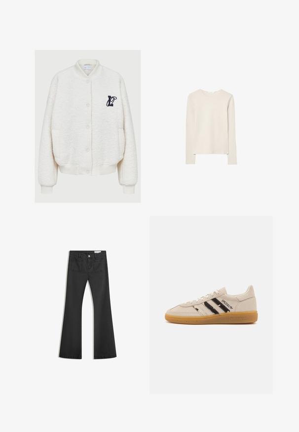 Bijela flis bomber jakna, s okruglim izrezom, prednjim gumbima, dva bočna džepa i mornarskom izvezom na prsima.; Svijetlo bež majica dugih rukava napravljena od mekanog materijala, s okruglim izrezom i opuštenim krojem s ravnim rubom i minimalnim detaljima šivanja.; Crne široke traperice od denima s glatkom teksturom, s dva stražnja džepa i kopčanjem na dugme u struku.; Bež antilop tenisice s crnim prugama i tekstom "Spezial", imaju teksturiranu gumu kao potplat i klasičan sustav vezanja.