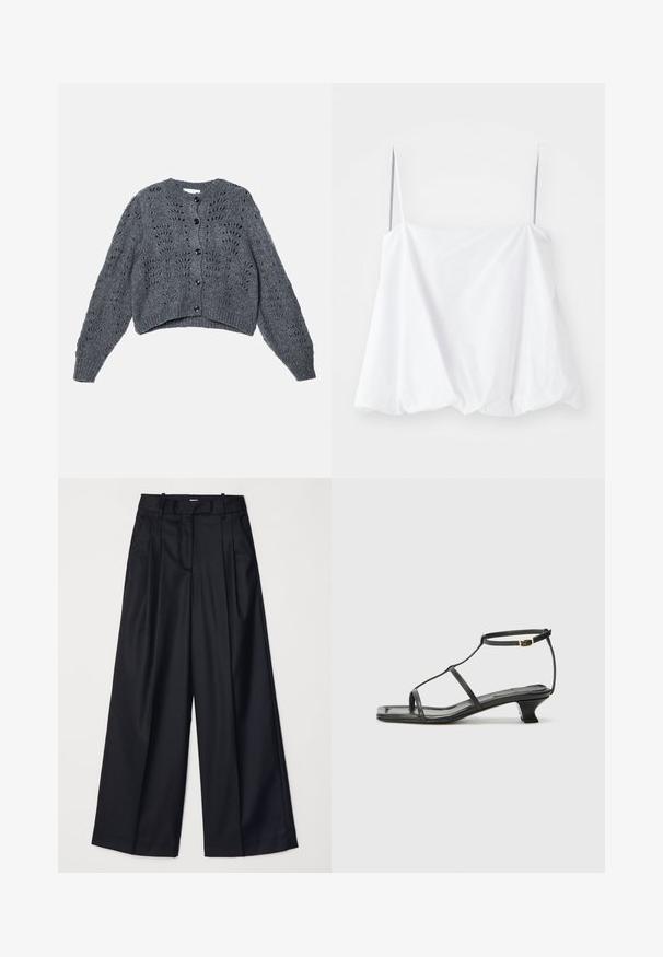 Hallus halli hõlmadega kaelusega, lühendatud disainiga ja pikkade varrukatega kudum. Omab nööpide sulgemist ja avatud töölemise detaile läbi kogu toote.; Valge õlavarrepealne topp õhukestest rihmadest, valmistatud kerge kangaga. Omab lõdva disaini ja kokku volditud tekstuuri ääres.; Mustad laiad püksid, mis on valmistatud sileda kangaga, kõrge vöökoha, voldikute ja vormitud disainiga. Vöökoha juures on lihtne must riistvara.; Must värviline nahk sandaal ruudukujulise varbaga, õhukeste rihmadega, kohandatava pahkluu rihmaga ja madala kandaga. Rihmal on väike kuldne aktsent.