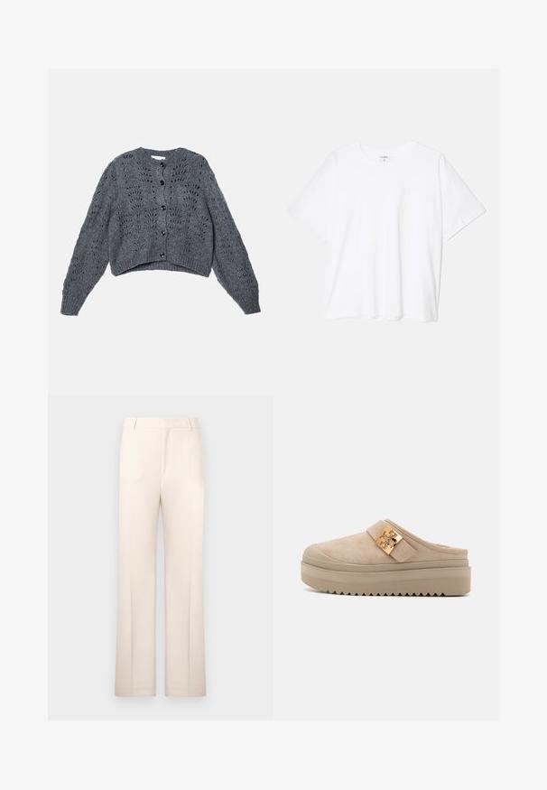 Pilkas megztas kardiganas su trumpu dizainu, apvaliu iškirpimu ir ilgomis rankovėmis. Sukurtas su sagų uždarymu ir atvirosios darbų detalėmis visame paviršiuje.; Balta medvilnės marškinėliai trumpomis rankovėmis, apvalia iškirpte, laisvo kirpimo ir su siūtu kraštu. Etiketė matoma vidinėje iškirptės pusėje.; Bežinės prisiūtos kelnės su tiesiomis kojomis, pagamintos iš lengvos medžiagos. Yra priekiniai klostės ir klasikinis liemuo.; Šviesiai rudos zomšinės platformos mules su storu, tekstūruotu padu, turinčiu ryškų auksinės metalinės detalės akcentą ant reguliuojamos dirželio.