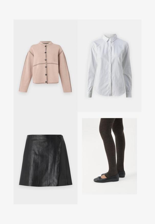 Beige stickad kofta med långa ärmar, svarta sömmar längs sömmarna och sex svarta knappar fram.; Vit skjorta med knappar, tillverkad av mjuk bomull, med klassisk krage, långa ärmar och en böjd fåll. Knapparna är små och vita.; Svart faux läder mini kjol med inslag av omslag framtill som säkras med en knapp på högra sidan, slät yta och lätt glans.; Svarta platta skor med en liten rosett vid tån, i kombination med mörkbruna ribbade strumpbyxor. Skorna har en slät yta och låg profil.