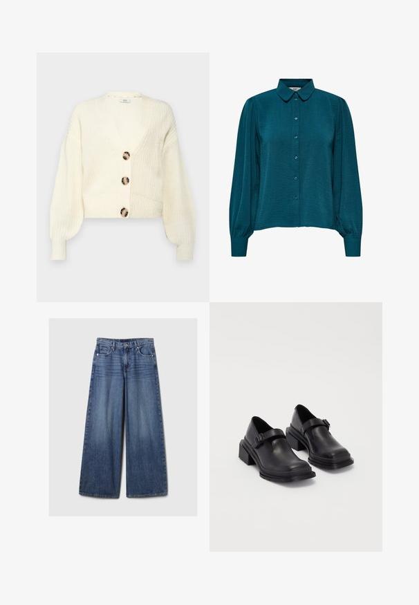 Cream knit cardigan with a deep V-neck, four large, round marbled buttons, and puffed sleeves. Cropped length with ribbed cuffs and hem.; Teal blouse with a collared neckline, button front, and long sleeves. Made from textured fabric with gathered cuffs.; Wide-leg blue denim jeans with a faded finish, featuring a button and zipper closure, five pockets, and belt loops.; Black leather shoes with a rounded toe, flat sole, and a strap with a buckle detail. Chunky block heel for added stability.