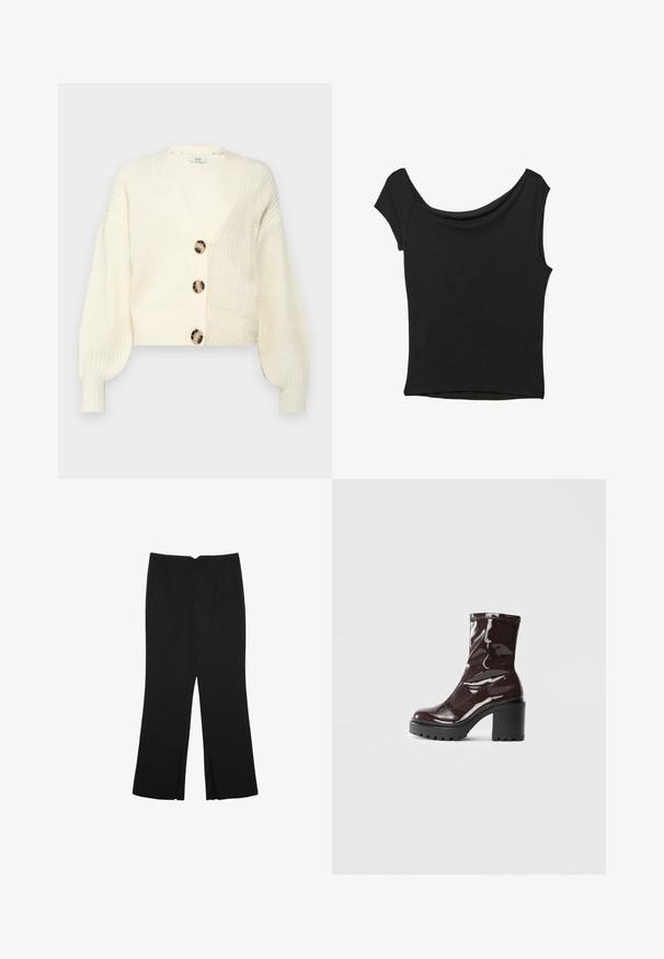 Cremfarbener Strickcardigan mit tiefem V-Ausschnitt, vier großen, runden, marmorierten Knöpfen und Puffärmeln. Kürzere Länge mit gerippten Bündchen und Saum.; Schwarzes Kurzarmoberteil aus glattem Stoff; hat einen drapierten Ausschnitt und einen asymmetrischen Saum, mit einem figurbetonten Körper.; Schwarze Hose mit geradem Schnitt, ausgestattet mit Fronttaschen und Seitenschlitzen am Saum. Hergestellt aus weichem, glattem Stoff. Geeignet für verschiedene Anlässe.; Glatte bordeauxrote Ankle Boots mit einem klobigen schwarzen Absatz, die eine glatte Oberfläche und ein einfaches Design aufweisen. Keine sichtbaren Verschlüsse oder Muster.