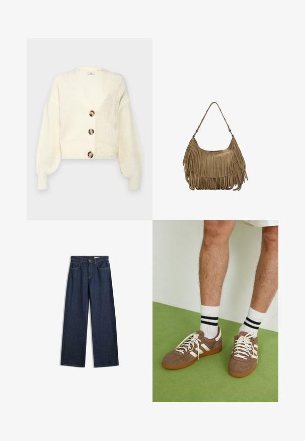 Krém színű kötött kardigán mély V-nyakkal, négy nagy, kerek márványgombbal és puffos ujjal. Rövidített hosszúság ribbelt mandzsettával és hem. ; Barna bodysuit állítható pántokkal és csipkés díszítéssel a mély V-nyaknál. Sima textúra, testhez simuló fazon és magas kivágású lábak.; Széles lábú, sötét farmernadrág, öt zsebbel, látható varrással és gombos záródással. Egyenes szabással és enyhe kopással rendelkezik.; Barna velúr sportcipő fehér díszítéssel és fűzővel. Gumi talp. Fehér zoknival viselve, fekete csíkokkal. Zöld, textúrázott padló.; Barna velúr kézitáska hosszú rojtos részletekkel, ívelt formával és egyetlen vállpánttal. Simító, texturált felülettel rendelkezik.