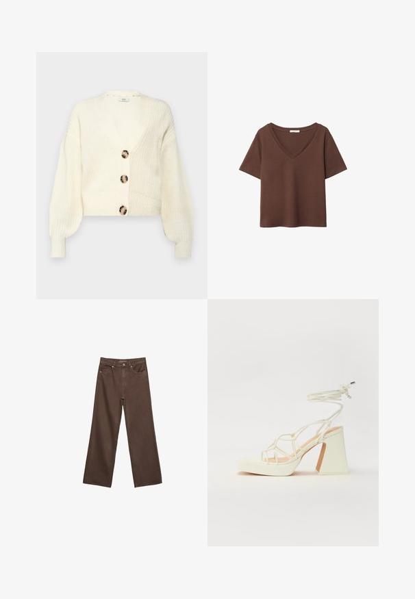 Kremowy sweter kardigan z głębokim dekoltem w kształcie V, czterema dużymi, okrągłymi marmurowymi guzikami oraz bufkami na rękawach. Krótki krój z prążkowanymi mankietami i dołem.; Brązowy bawełniany t-shirt z krótkimi rękawami i głębokim dekoltem w kształcie litery V. Prosty design, miękka faktura i prosty krój u dołu. Brak wzorów i akcentów.; Szerokie brązowe dżinsy wykonane z denimu, z wysokim stanem, przednimi kieszeniami i klasycznym zapięciem na guzik. Gładka faktura z subtelnym przeszyciem.; Biała sandał na wysokim obcasie z masywnym słupkiem, z paskowym wzorem i wiązaniem przy kostce. Gładka faktura z platformą z przodu dla dodatkowej wysokości.