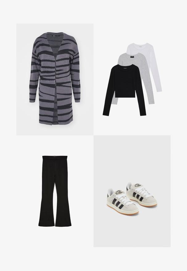 Hosszú, nyitott elülső kardigán szürke árnyalatokban fekete absztrakt csíkokkal. Puha anyagból készült, laza szabású és ejtett vállú.; Három hosszú ujjú póló egymásra rakva: fekete, szürke és fehér. Mindegyiknek kerek nyaka van, és rövidített fazonnal rendelkezik, sima, könnyű anyagból készült.; Fekete trapéz leggings rugalmas anyagból készült. Széles derékpánttal és sima textúrával rendelkezik, illeszkedő sziluettje van, amely a szegélyen kigyullad.; Szürke velúr sportcipők fehér fűzővel, fekete csíkokkal és fehér gumitalppal. A nyelvén kör alakú logó található, illetve a talpa színes gumi.