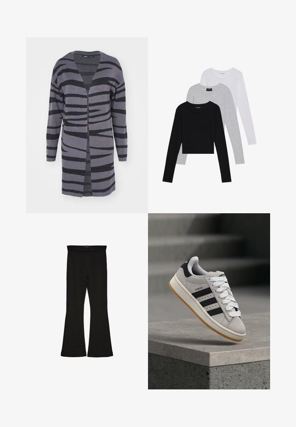 Long, open-front cardigan in shades of gray featuring black abstract stripes. Made of soft material with a relaxed fit and dropped shoulders.; Three long-sleeve tops stacked: black, grey, and white. Each has a round neckline and a cropped design with smooth, lightweight fabric.; Black flare leggings made from stretchy fabric. Features a wide waistband and a smooth texture, with a fitted silhouette that flares at the hem.; Gray Adidas Campus sneaker with black stripes and white laces floating above a concrete ledge with stairs in the background.