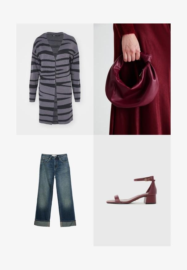 Dlhý kardigán s otvoreným predným dielom v odtieňoch šedej s čiernymi abstraktnými pruhmi. Vyrobený z mäkkého materiálu s voľným strihom a spustenými ramenami.; Čierny tank top vyrobený z bavlny, s okrúhlym výstrihom a širokými ramienkami. Hladká textúra so zošitými okrajmi. Klasický, minimalistický dizajn.; Široké modré džíny z denimu s vyblednutým povrchom, päť vreckový dizajn a ohnuté manžety s kontrastným šitím. Hladká textúra.; Burgundská kožená sandála so štvorcovou špičkou, tenkým pásikom okolo členka, zlatými detailmi a robustným blokovým podpätkom. Hladká textúra a minimalistický dizajn.; Burgundská kožená kabelka s mäkkým, zhromaždeným dizajnom a zaobleným tvarom. Rukoväť je pevne zaisťujúca a vystavuje hladkú textúru.