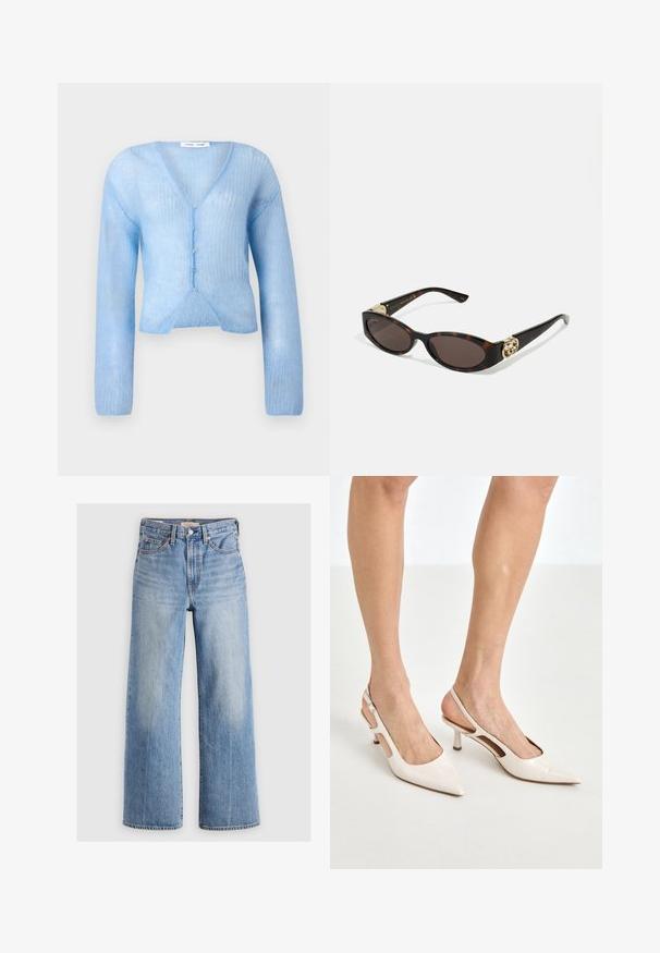 Svijetloplava kardigan na dugim rukavima od prozirnog, teksturiranog pletenja. Ima V-izrez i gumbe duž prednje strane, s krojem koji je skraćen.; Plava i bijela prugasta majica dugih rukava s kragnom na dugme, kontrastnim manžetama i malim grbom na prsima.; Svijetloplavi traper široki traperice s visokim strukom, istovarenim dijelovima, pet džepova i kontrastnim šavovima. Klasično kopčanje na dugme i patentni zatvarač.; Bež cipele na petu od lakiranih koža s uskim vrhom i petom od 5 cm, s izrezanim stranama i tankim remenom oko gležnja.; Suncane naočale od kornjačevine s izduženim ovalnim lećama, smešnim nijansama, zlatnim logotipom na drškama i elegantnim crnim krakovima.