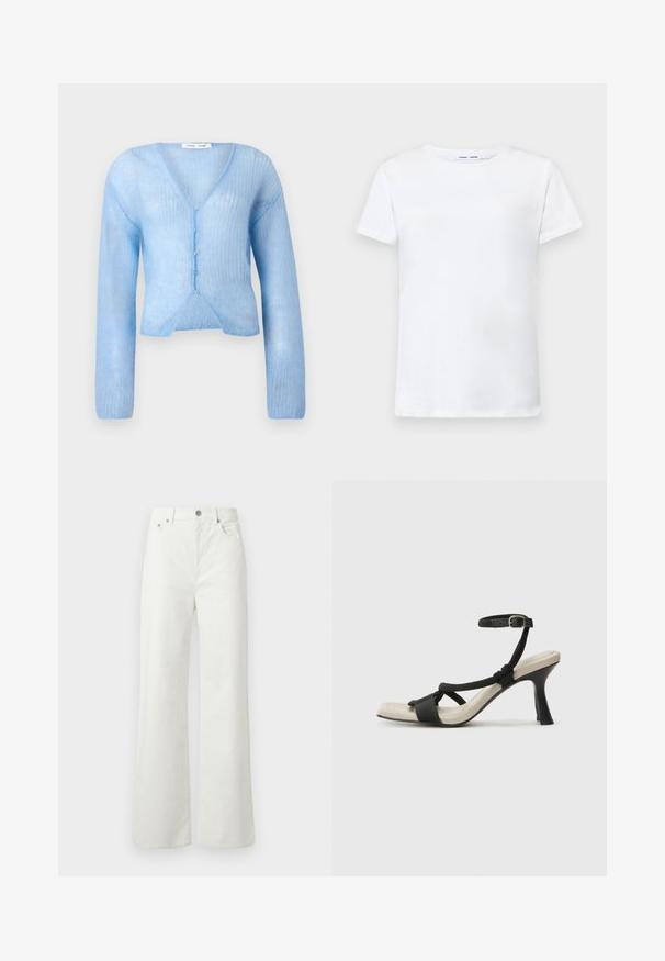 Cardigã de mangas longas, azul claro, em malha leve e texturizada. Apresenta um decote em V e botões na parte da frente, com um design cropped.; T-shirt branca de manga curta feita de algodão com um design de gola redonda. Textura suave e corte reto, sem padrões ou acentos.; Samsøe Samsøe SHELLY - Calças de ganga de corte relaxado - clear cream; Sandal com salto alto preto e design de tiras trançadas, bico quadrado e tira de tornozelo ajustável. Sola em tom bege claro com um salto preto brilhante.