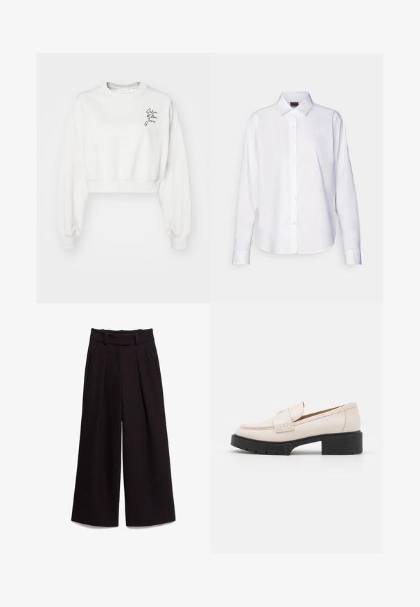 Sweatshirt blanc court à manches longues, avec des poignets côtelés et un col rond. Présente un logo en script noir sur la zone de la poitrine gauche.; Chemise blanche à manches longues, boutonnée, fabriquée en coton. Comprend un col classique et une broderie de marque discrète sur la poitrine. Texture lisse.; Pantalons larges noirs en tissu lisse, avec taille haute, passants de ceinture et deux poches avant. Le design plissé ajoute de la texture.; Mocassins en cuir beige clair avec un devant cousu et un talon platform texturé noir. Présente un design incurvé et une légère élévation.